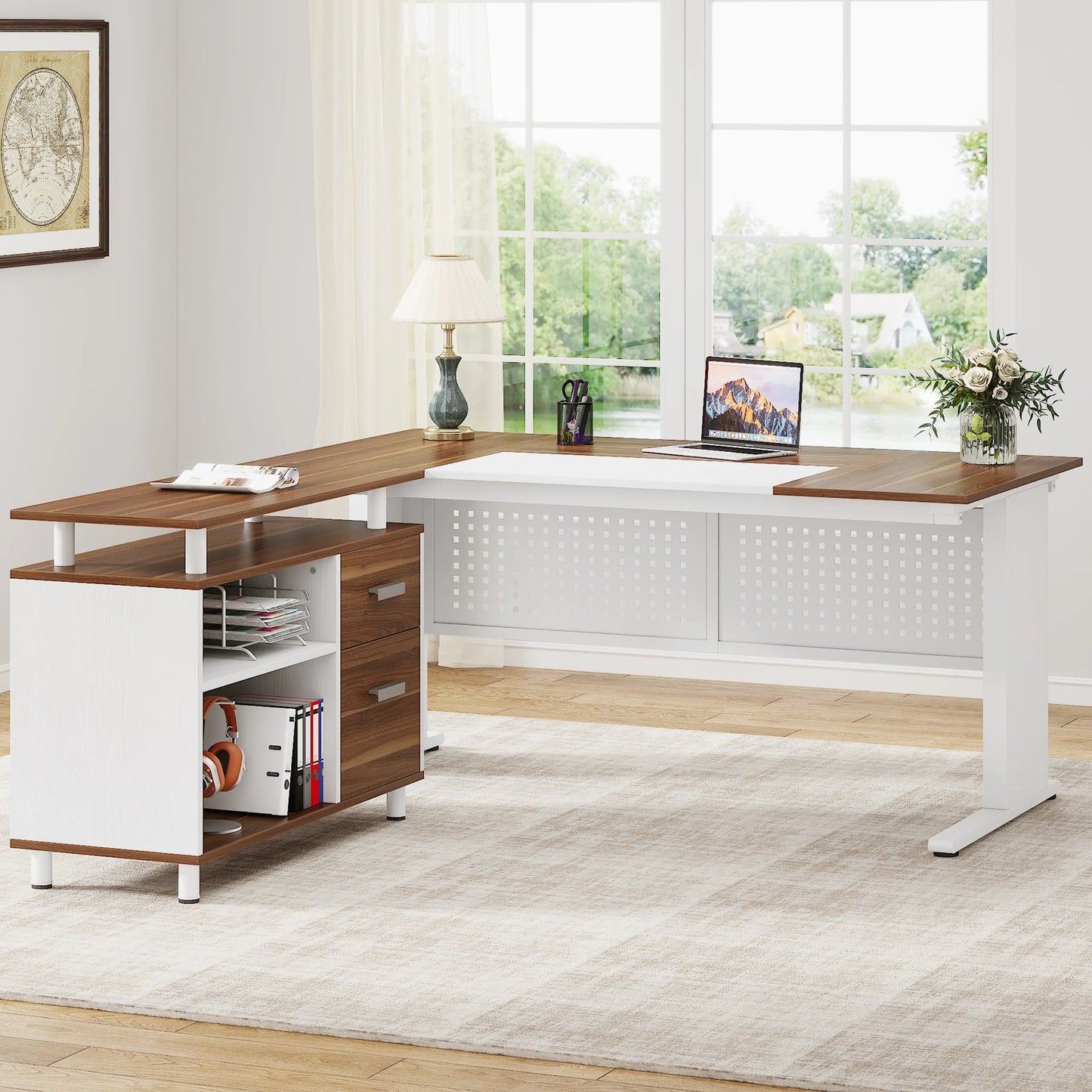 Tribesigns 63 Inch Executive Desk with File Cabinet, Large Office Desk L Shaped Computer Desk with Drawers and Storage Shelves