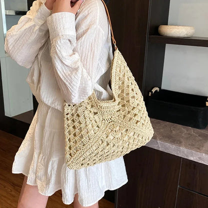 Ladies Knitted Straw Handbag Hollow out Hand Woven Beach Shoulder Bag for Women Seaside Tote Perfect for Vacations