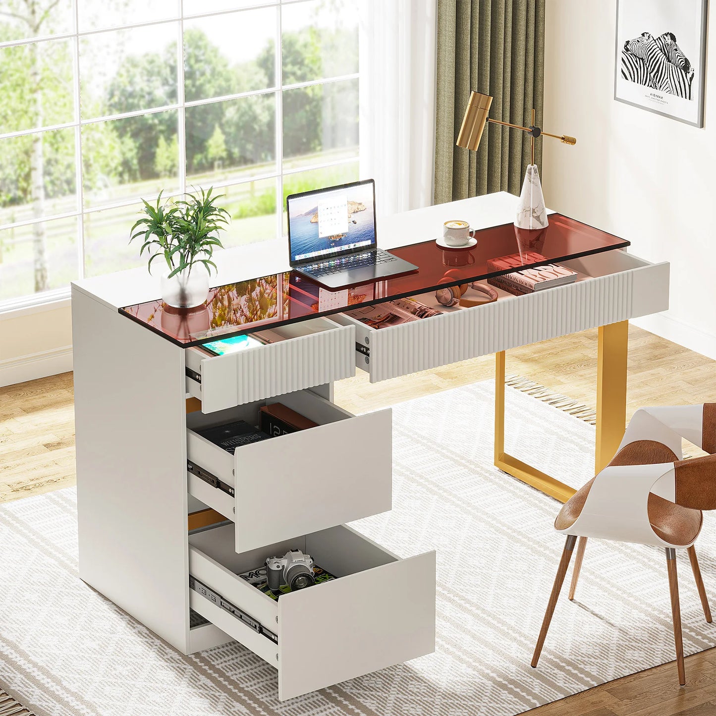 Tribesigns Computer Desk with 4 Drawers, 47 Inch Modern Home Office Desk with Glass Top, White and Gold Writing Workstation Desk