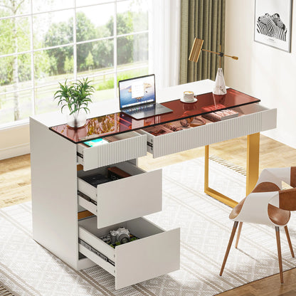 Tribesigns Computer Desk with 4 Drawers, 47 Inch Modern Home Office Desk with Glass Top, White and Gold Writing Workstation Desk