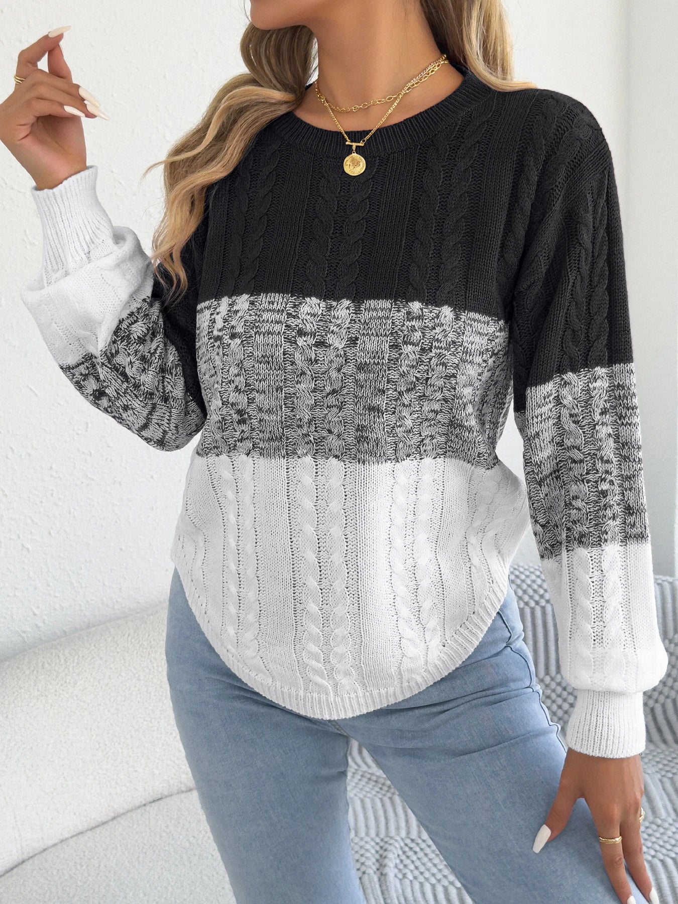Woman Casual Color Block Striped Sweater Round Neck Lantern Long Sleeve Twist Knitted Tops for 2025 Autumn Winter Women Clothes
