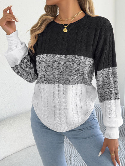 Woman Casual Color Block Striped Sweater Round Neck Lantern Long Sleeve Twist Knitted Tops for 2025 Autumn Winter Women Clothes