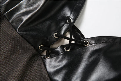 Nibber Sleeveless Patchwork Leather Dress Women Wrap V-Neck Backless Skinny Clubwear Double Deck Summer Midnigh Party Vestidos