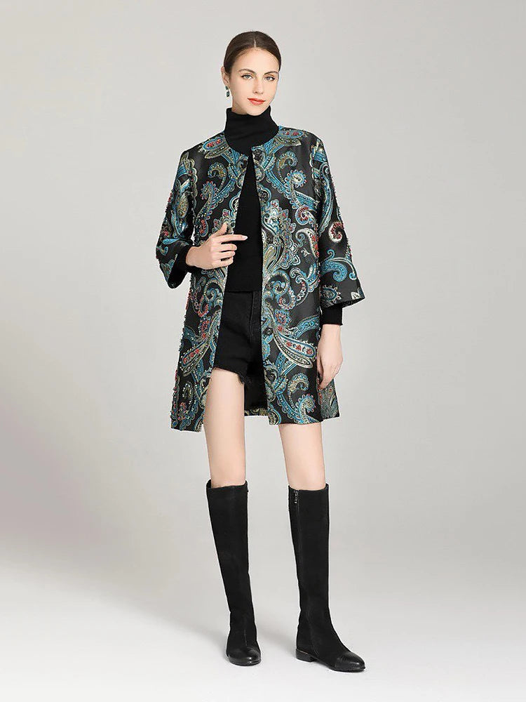 Elegant Embroidered Jacquard Trench Coat for Women 2025 | Round Neck Mid-Length Jacket | European Style Spring Fall Outerwear