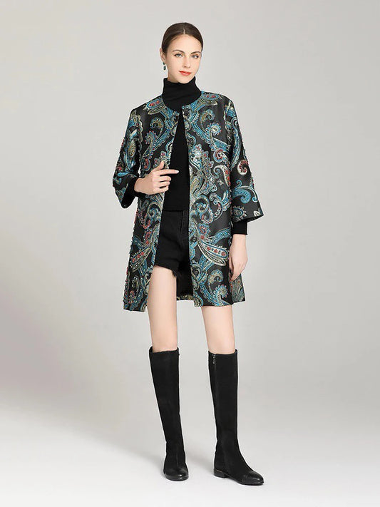 Elegant Embroidered Jacquard Trench Coat for Women 2025 | Round Neck Mid-Length Jacket | European Style Spring Fall Outerwear