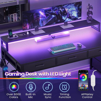 55" Gaming Desk with 6 Drawers, Corner Gaming Desk with Storage & LED Lights, Reversible PC Desk with Power Outlet,, Customized