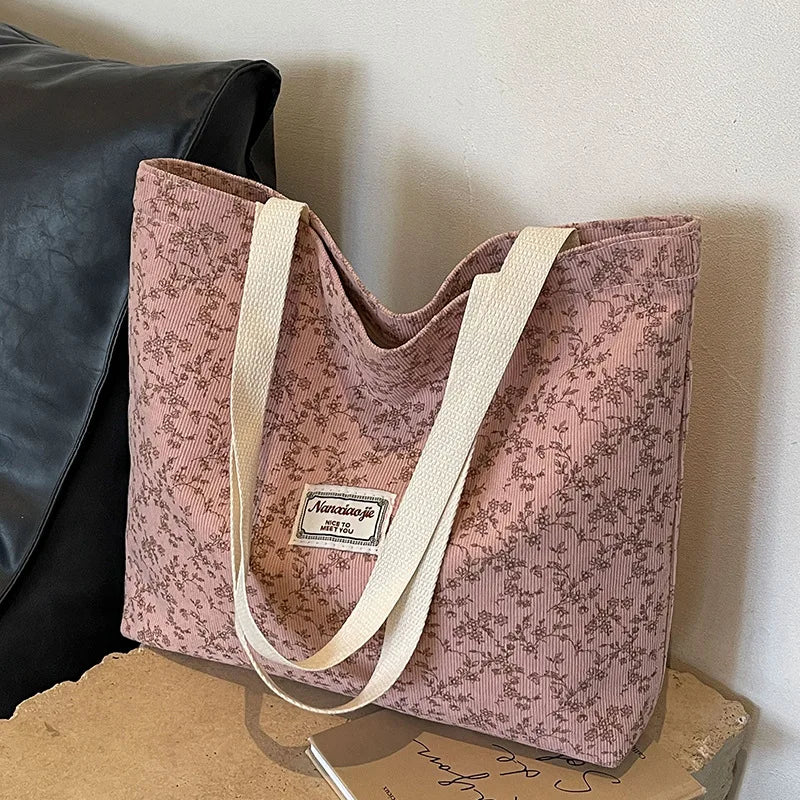 Stylish Corduroy Tote Bag for Women Bohemian Ethnic Style Shoulder Bag for Daily Commuting Shopper Office Worker College Student
