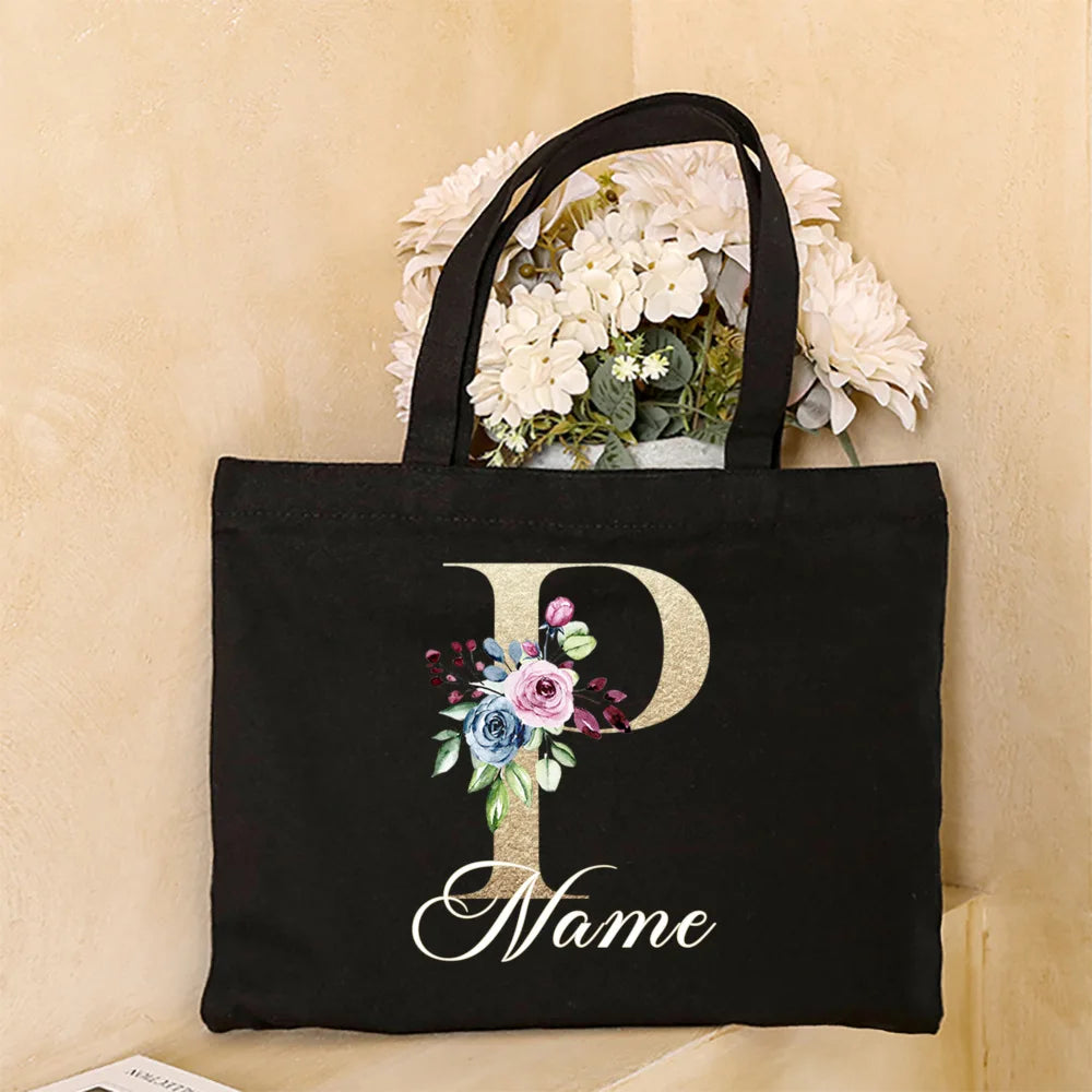Personalized Initial with Name Tote Bag Women Canvas Shoulder Bags Monogram Shopping Bag Handbags Birthday Wedding Gifts for Her