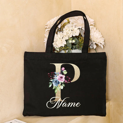 Personalized Initial with Name Tote Bag Women Canvas Shoulder Bags Monogram Shopping Bag Handbags Birthday Wedding Gifts for Her
