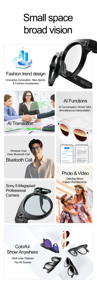 AI Smart Glasses 800W Pixel 4K HD Camera Recording Sunglasses Call WIFI Transmission Voice Assistant Smart Translation Glasses