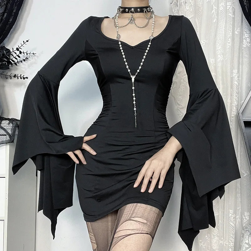 Goth Dark Cospaly Partywear Women Fashion Batwing Sleeve Mini Dress Elegant Slim Pleat Bodycon Dresses Mall Gothic Alt Teachwear
