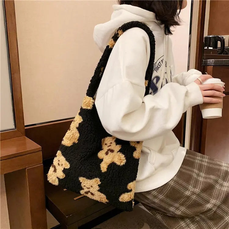 Women Plush Shoulder Bag Warm Cloth Fabric Handbag Soft Canvas Tote Large Capacity Shopping Bags Cute Bear Book Bags For Ladies