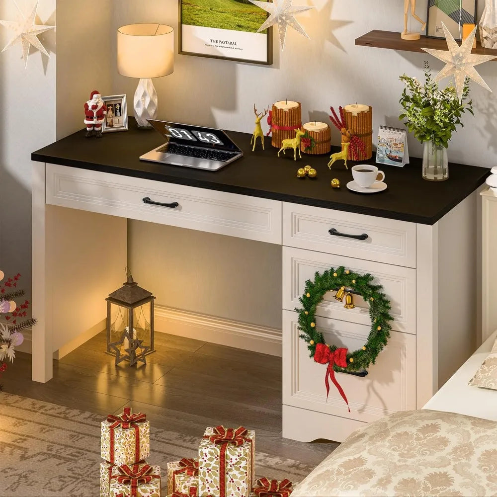 Rustic Executive Home Office Desk with Storage and Spacious File Drawer, Large Writing Desk for Bedroom in Black