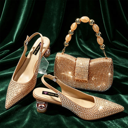 Hot Fuchsia Full Rhinestone Slingback Heels Matching Clutch Bag Set Women Luxury Crystal Pointed Shoes for Wedding Evening Party