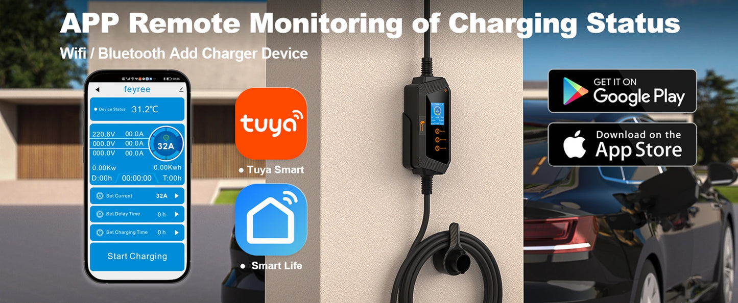 feyree Type1 7KW 32A 1Phase Portable EV Charger J1772 Socket with 5m Cable Smart APP WIFI Control Version for Electric Vehicle