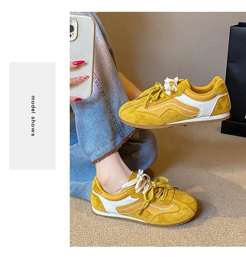 Women's Casual Shoes Suede Leather Training Shoes for Women 2026 Patchwork Retro Sneakers Ladies Casual Flat Heels Walking Shoes