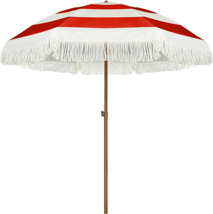 #For 7ft Patio Umbrella with Fringe Outdoor Tassel Umbrella UPF50+ Premium Steel Pole and Ribs Push Button Tilt,  Gazebo&