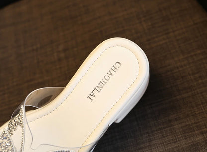 AUTUSPIN 9cm High Thick Heels Women Sandals Summer Sexy Fashion Slides Shoes Crystal Buttetfly PVC Transperant Ladies Shoes