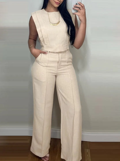 2026 Casual Solid Color Commuting Suit Spring And Summer New Fashion Sleeveless Loose Top With Straight Trousers Two-piece Set