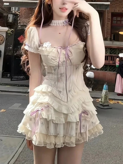 Sweet Kawaii 2-Piece Dress Set Women Sexy Off-Shoulder Corset Tops + Mini Cake Skirt Japanese Casual Harajuku Chic Outfit New