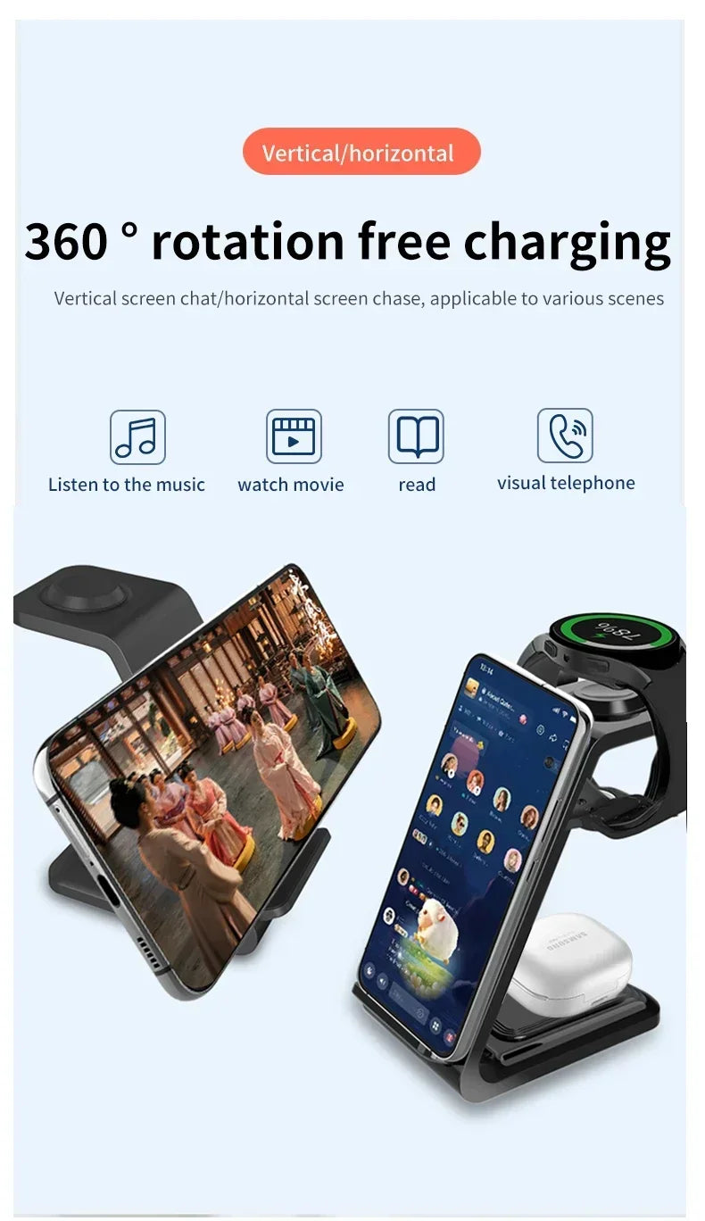 VIKEFON  3 in 1 Wireless Charger Stand for iPhone 16 15 14 13 12 Samsung Galaxy Apple Watch Airpods Pro Fast Charging Station