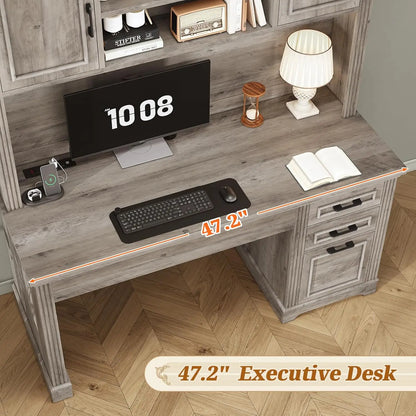 Office Desk with 3 Drawers, 47.2' Executive Computer Desk with Storage Drawers and Hutch Cabinet, Wood Farmhouse Desk with