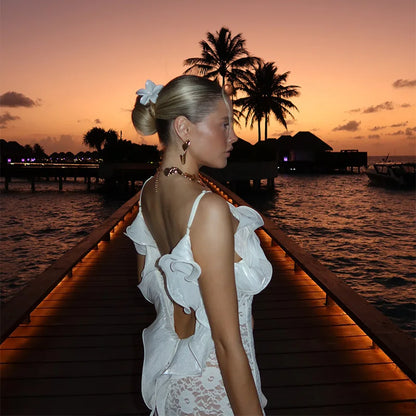 Sexy Hollow Out Lace Maxi Dress Women Spaghetti Strap Ruffles Party Club Robes Backless Side Slit Beach Vacation Lady Dress