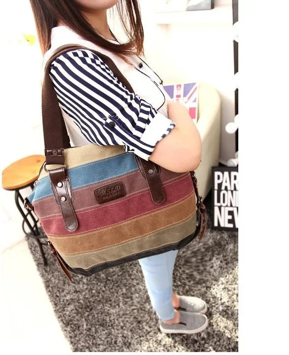 Canvas Totes Striped Womens Handbag 2021 Patchwork Rainbow Shoulder Bag Fashion Female Casual Crossbody Bag Sac A Main