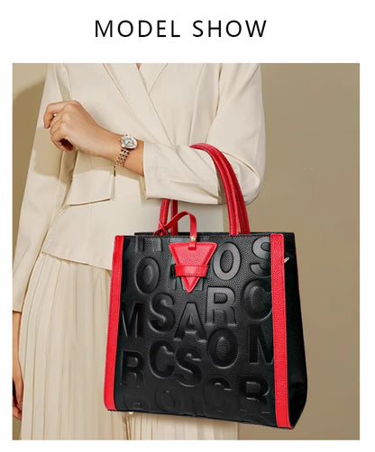 Genuine leather letter printed women's handbag new large capacity contrasting leather crossbody bag