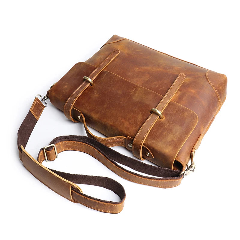 Leathfocus Vintage Leather Briefcase Fashion Design Men's Lightweight Crossbody Bag Men's Tote Handbag 15 inch Laptop Bags