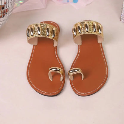 Bohemian Gold Embellished Flat Sandals - Toe Ring Croc Strap Flip Flops, Casual Summer Beach Shoes