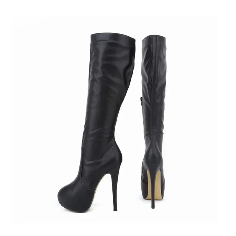 New Large Size Women Boots Autumn Winter Sexy 14cm Super High Heels Long Over Knee Long Boots Leather Round Toe Red Pumps Shoes