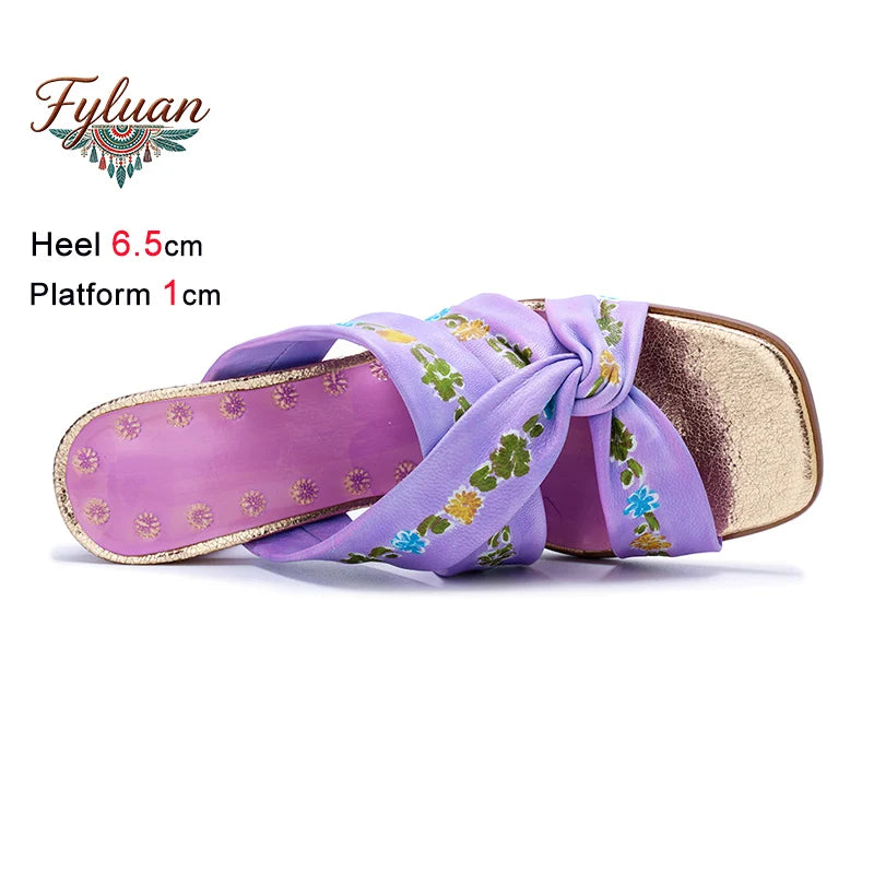 Purple Handmade Woman Slippers Luxury Party Banquet Shoes 6.5CM High Heels Summer Fashion Slide Lady Square Toe Bohemian Sandals