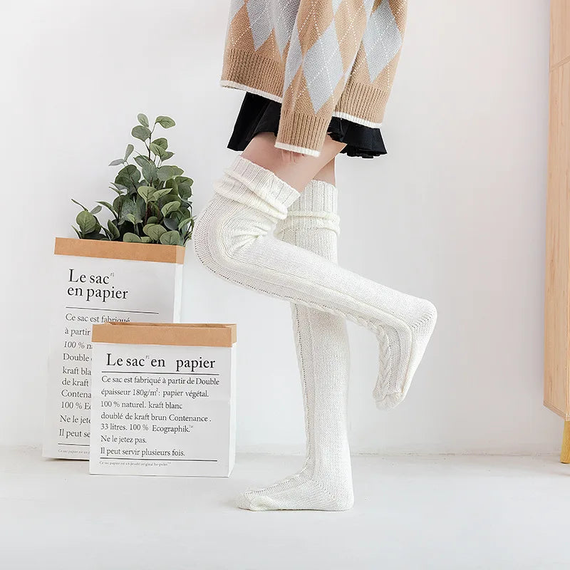 Women Winter Warm Breathable Long Johns Mohair Knee Length Knitted Wool Stretch High Sockings Femboy Leg Warmers Kawaii Clothes