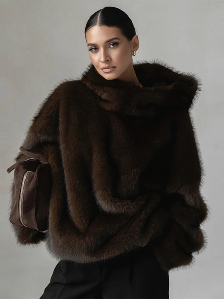 Luxury Faux Fur Hooded Pullovers Women's Loose Full Sleeve Stand Collar Pocket Coats 2025 New Autumn Winter Ladies Solid Outwear