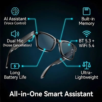 AI Smart Video Glasses with Camera and Photo Capabilities, featuring an 8MP camera, 1080P HD video recording, 4K resolution,