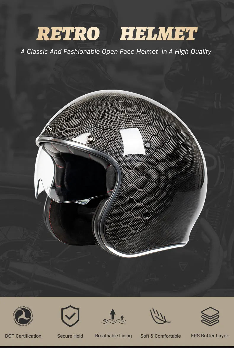 DOT Approved 12K Carbon Fiber Open Face Helmet with Visor Motorcycle Helmet Cascos Para Motos 3K 12K Jet Helmets Four Seasons