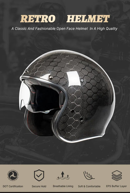 DOT Approved 12K Carbon Fiber Open Face Helmet with Visor Motorcycle Helmet Cascos Para Motos 3K 12K Jet Helmets Four Seasons