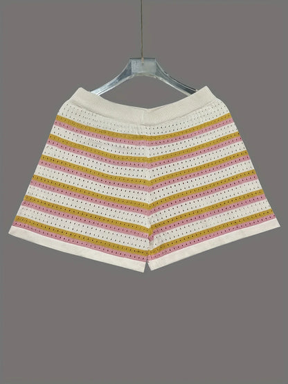 2026 Spring Summer Casual Beach Woolen Suit Fashionable Color-blocked Short-sleeved Striped Top And Loose Shorts Two-piece Set