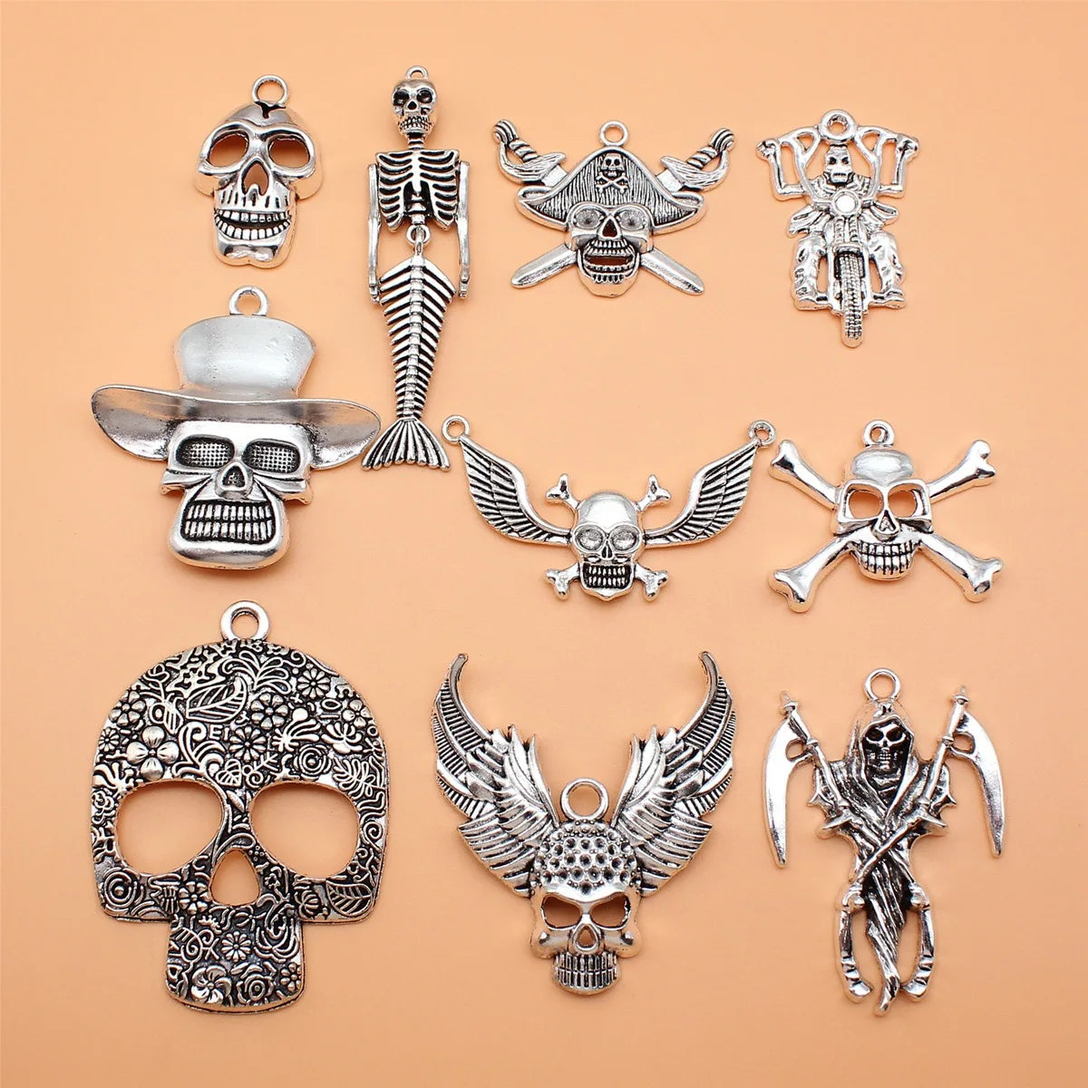 30Pcs/Bag 10 Styles Antique Silver Color Skull Skeleton Charms Pendant Diy Jewelry Accessories For Jewelry Making