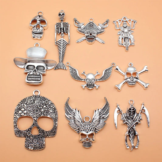 30Pcs/Bag 10 Styles Antique Silver Color Skull Skeleton Charms Pendant Diy Jewelry Accessories For Jewelry Making