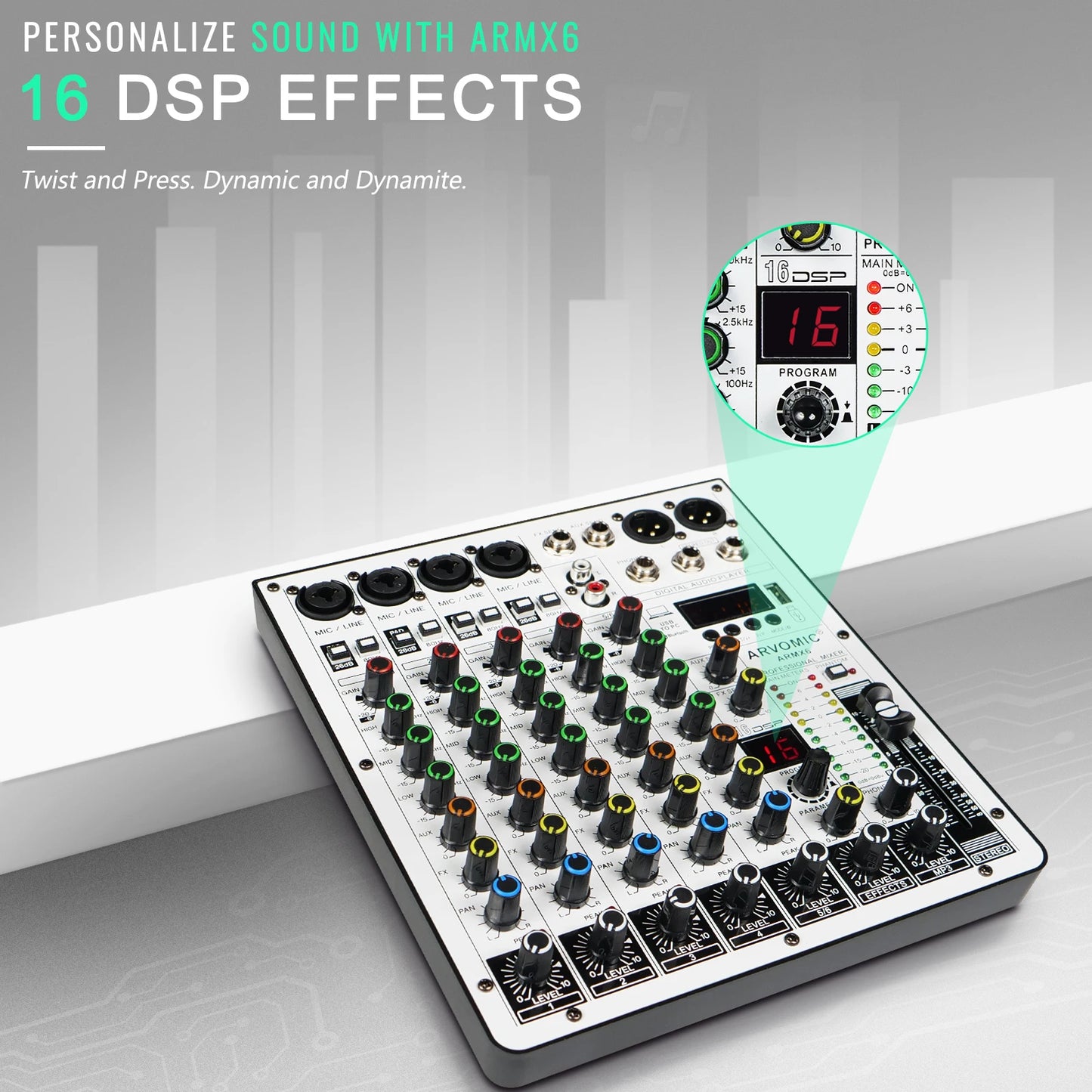 6-Channel Audio Mixer, DJ Mixer with USB Audio Interface, Bluetooth Function, 16 DSP Effects, and 3-Band EQ (ARMX-6)