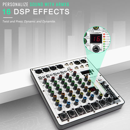 6-Channel Audio Mixer, DJ Mixer with USB Audio Interface, Bluetooth Function, 16 DSP Effects, and 3-Band EQ (ARMX-6)