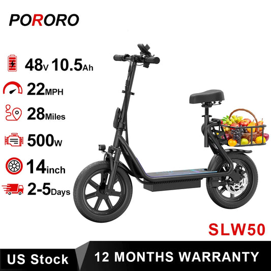 PORORO 14inch Electric Bicycle 10.5AH Battery 28Miles Max Range 22MPH Max Speed Shock Absorption Foldable E Scooter with Seat