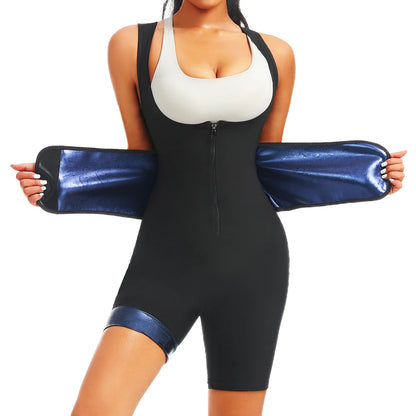 Women Hot Thermo Sweating Bodysuits Fat Burning One Piece Sauna Suits Weight Loss Jumpsuits Fitness Workout Thigh Trimmer Shorts