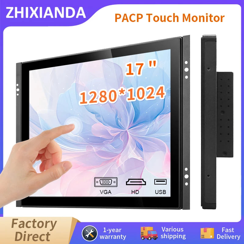 17 Inch Flat True Capacitive Touch Screen Monitor Waterproof Wall Mount Metal Case Industrial Square Display With VGA HDMI USB