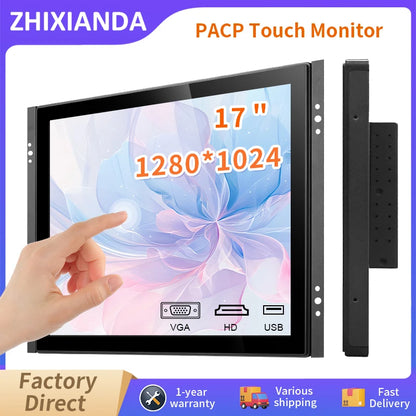 17 Inch Flat True Capacitive Touch Screen Monitor Waterproof Wall Mount Metal Case Industrial Square Display With VGA HDMI USB