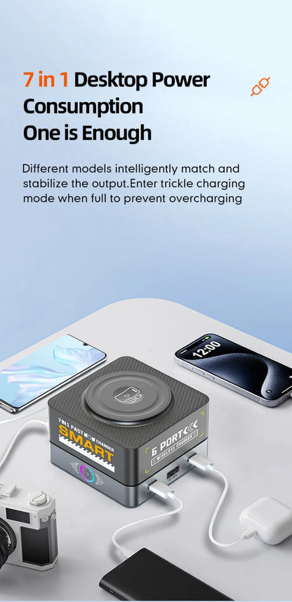 200W 7-in-1 Smart Charger PD Fast Charging USB Type C Power Station for iPhone 16 15 pro Max Multi-Device Charging Station
