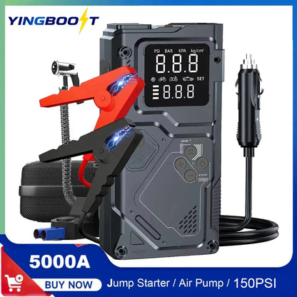 YINGBOOST Car Jump Starter with Air Pump Peak 5000A Booster &150PSI Tire Inflator with DC Power Cord Power Bank 400LM LED Light