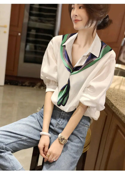 White Long Sleeve Polo Neck Office Shirt Tops Spring New Simplicity Solid Loose Temperament Blouse Fashion Elegant Women Clothes